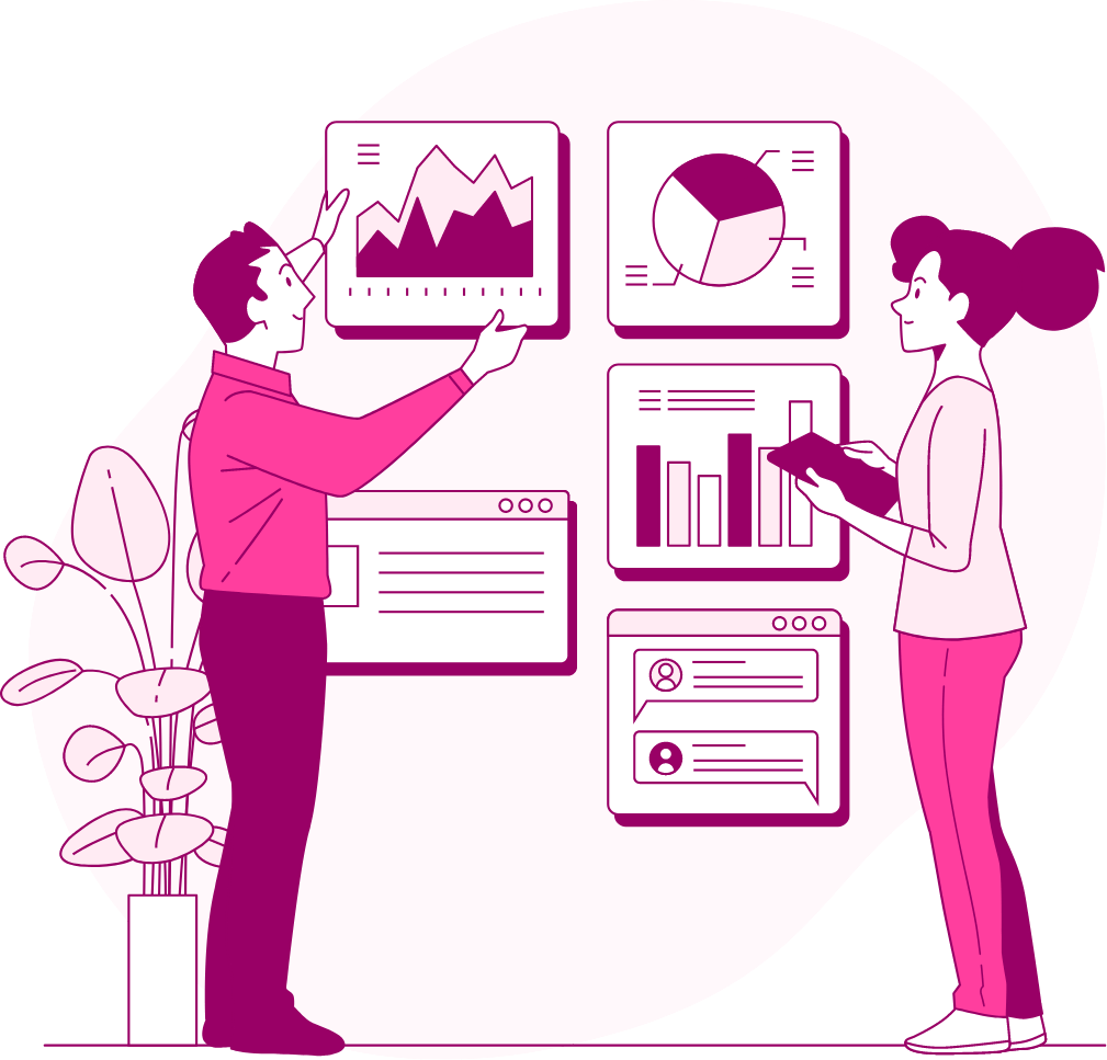 Illustration of two colleagues analyzing charts and dashboards, representing real-time procurement insights with ERP.