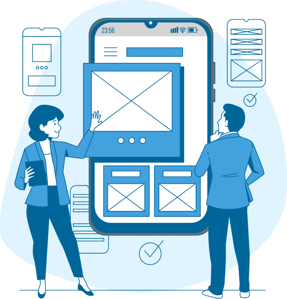 Illustration of two colleagues reviewing a large digital interface, representing automated and accurate purchasing workflows.