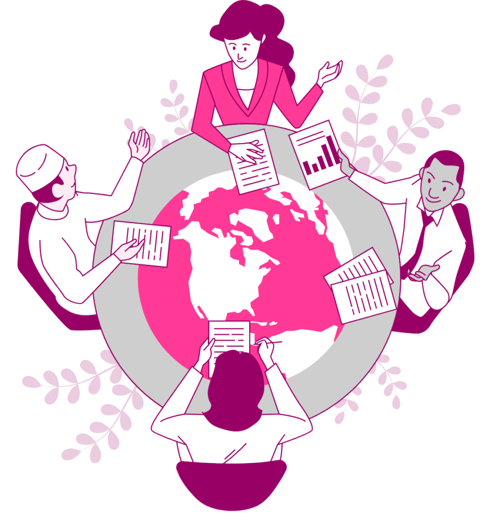 Illustration of colleagues discussing data and documents around a global table, symbolizing ERP-enabled procurement operations.