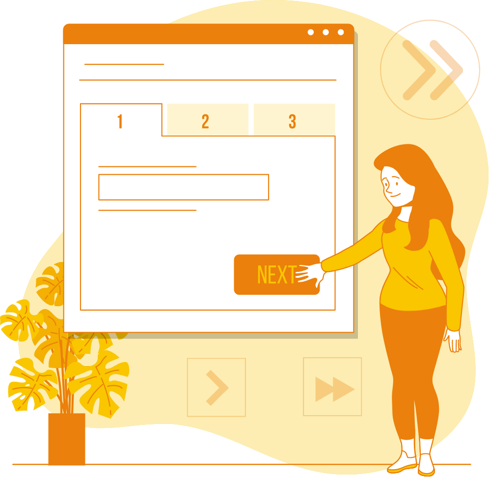 Illustration of a woman clicking a floating VR button that says "NEXT", symbolizing a user-friendly interface for processing RFQs.