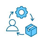 Illustration of a person, gear, and package connected by arrows, representing automated conversion of requests into purchase orders.