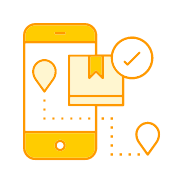 Illustration of a smartphone with location pins and a checkmark, showing real-time tracking throughout the procurement process.