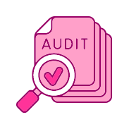 Illustration of audit documents with a magnifying glass showing a checkmark, representing traceable transaction records.