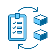 Illustration of a checklist connected to inventory boxes with arrows, symbolizing synchronized stock and financial control.