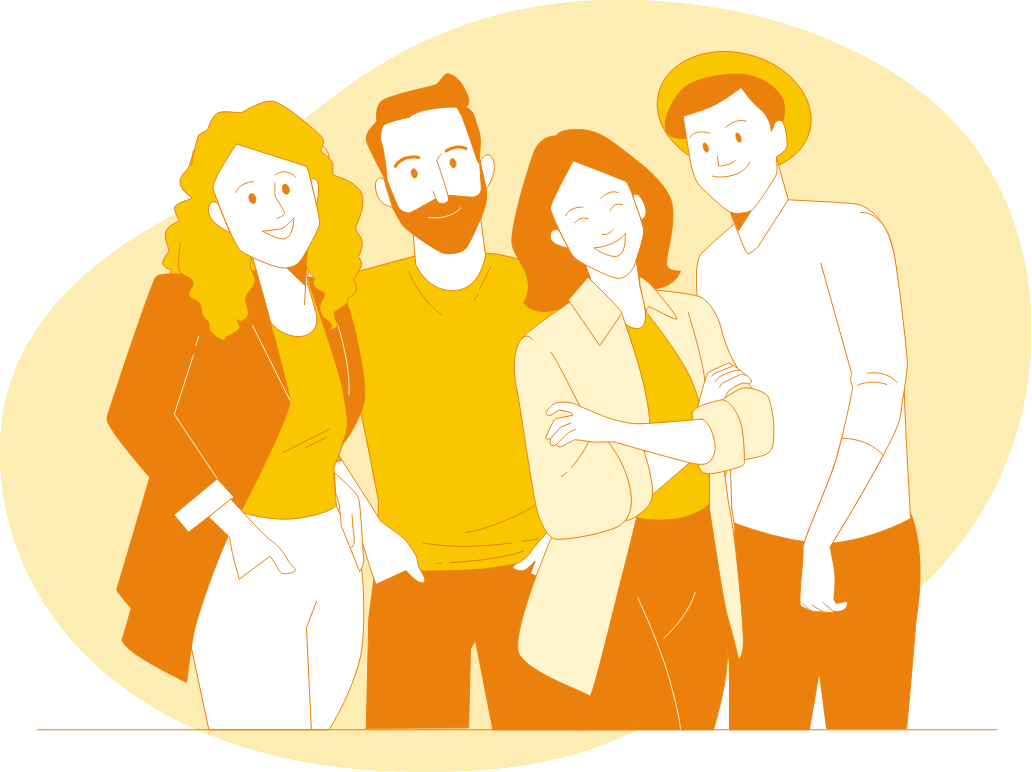 Illustration of four smiling colleagues standing together in a group