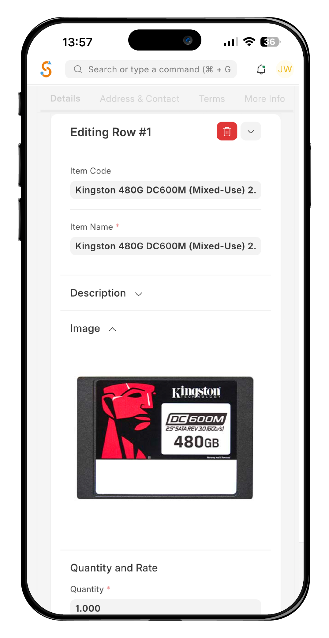 Mobile ERP interface displaying an item editing screen with item code, name, and a Kingston 480GB SSD product image