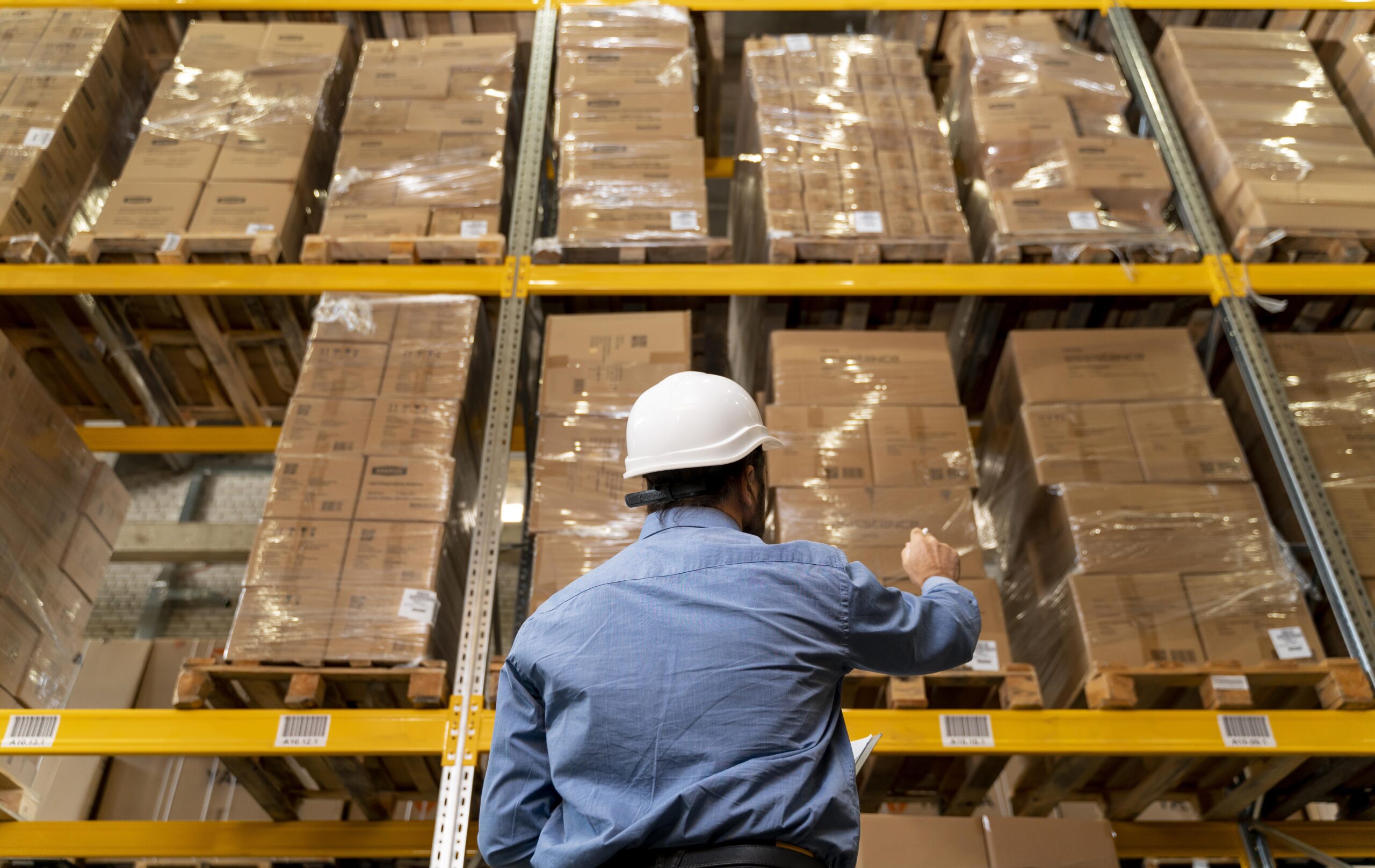 Warehouse management system being used by a worker to look at boxes inside a warehouse
